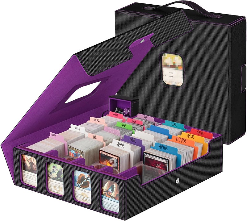 Gomyrod Trading Card Storage Box - 3200+ MTG Deck Box with Commander Display & Portable Handle, 4-Row Card Case Compatible for MTG/TCG/Magic Cards, 30 Colorful Divider, 8 Card Supporters (Black & Purple) - Image 1